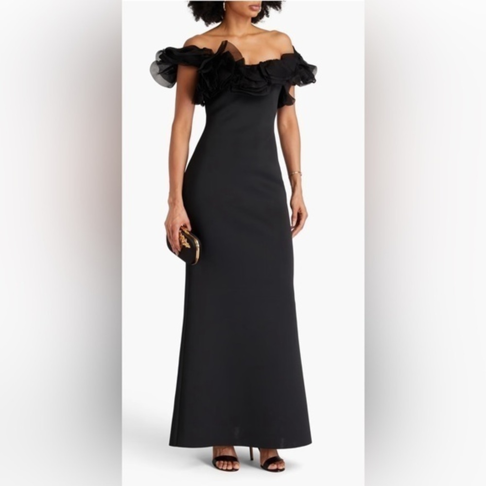 Badgley Mischka Ruffled scuba gown Off-Shoulder Size 8